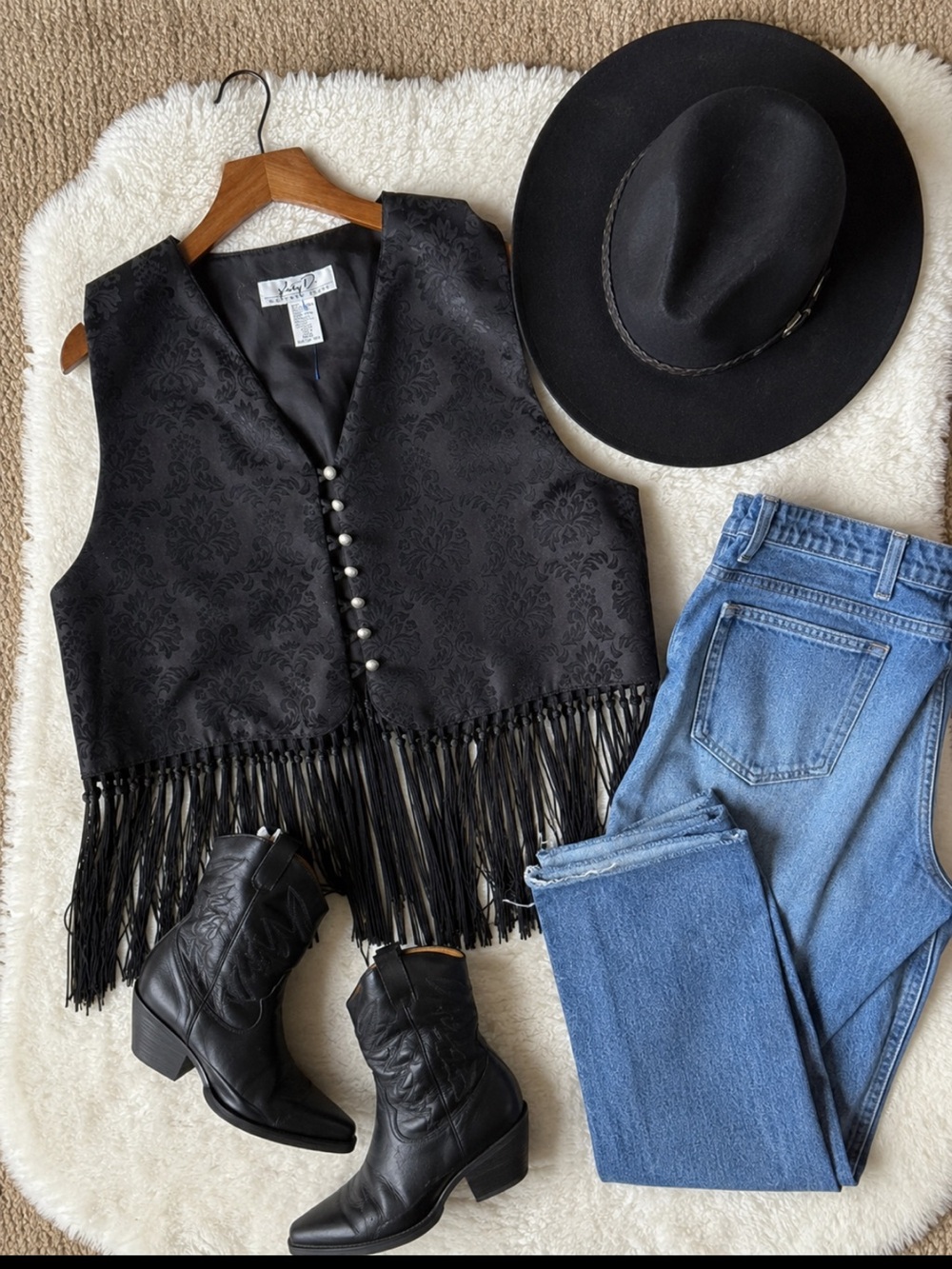 Vintage Kathryn Deene Black Damask Fringe Vest Whimsigoth Western Boho 14/16